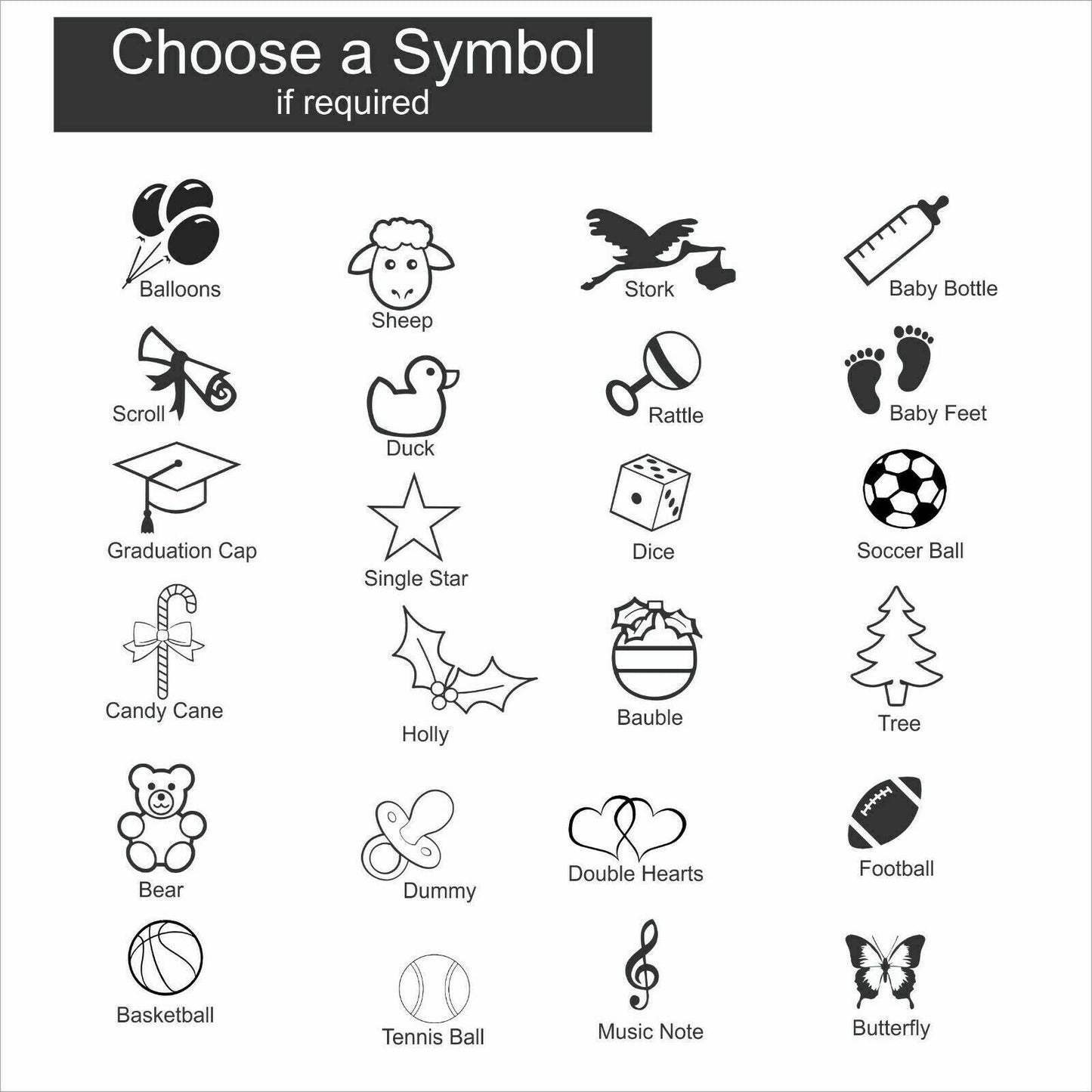 Engraving icon options including roses, champagne bottles, hearts, rings, cake, bride and groom, and other wedding-themed symbols