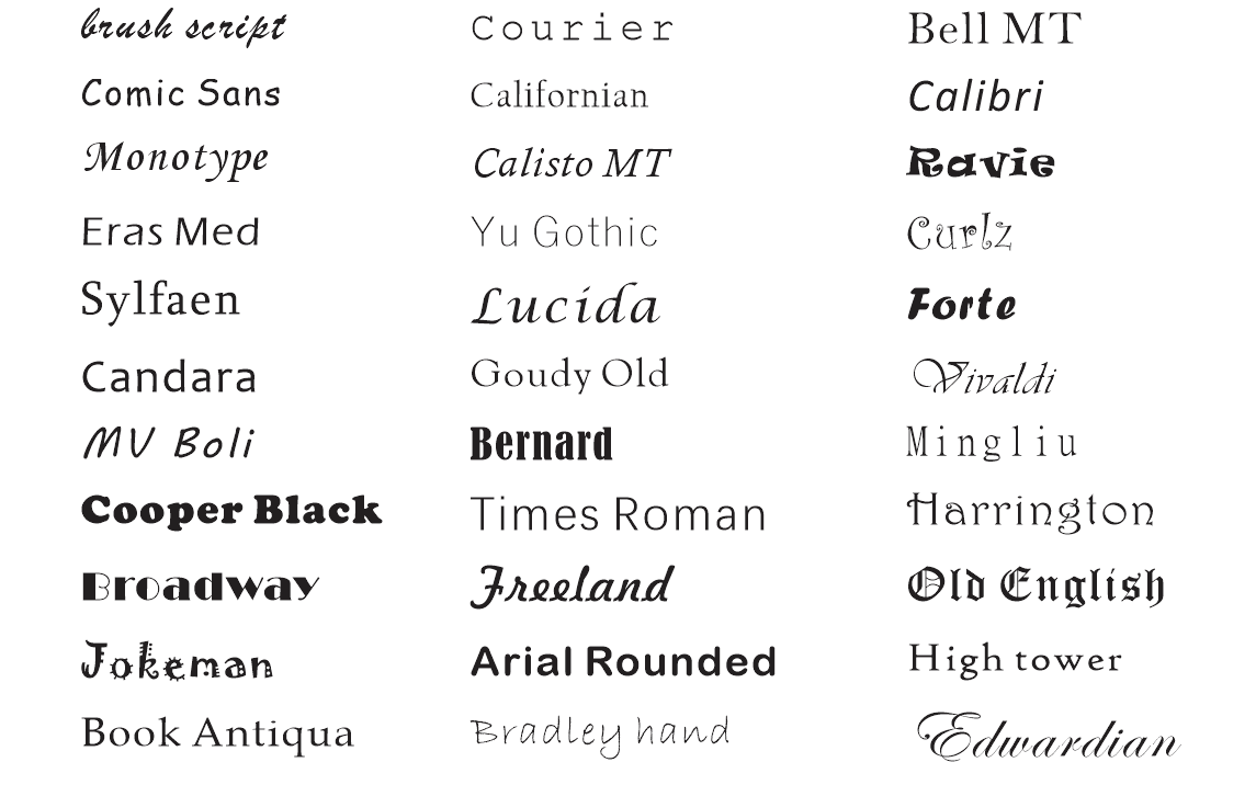 Font options for personalised pen engraving – includes script, serif, bold, decorative, and elegant styles like Times Roman and Edwardian