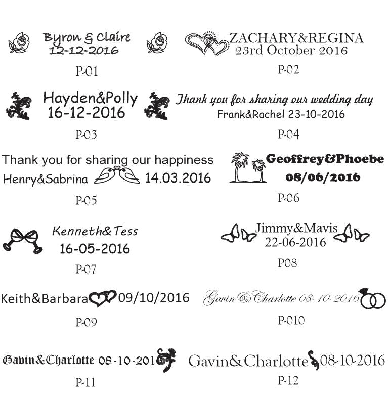 Sample wedding engraving templates with names and dates – romantic icons like hearts, flowers, bows for personalised wedding gifts