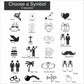 Sample wedding engraving templates with names and dates – romantic icons like hearts, flowers, bows for personalised wedding gifts