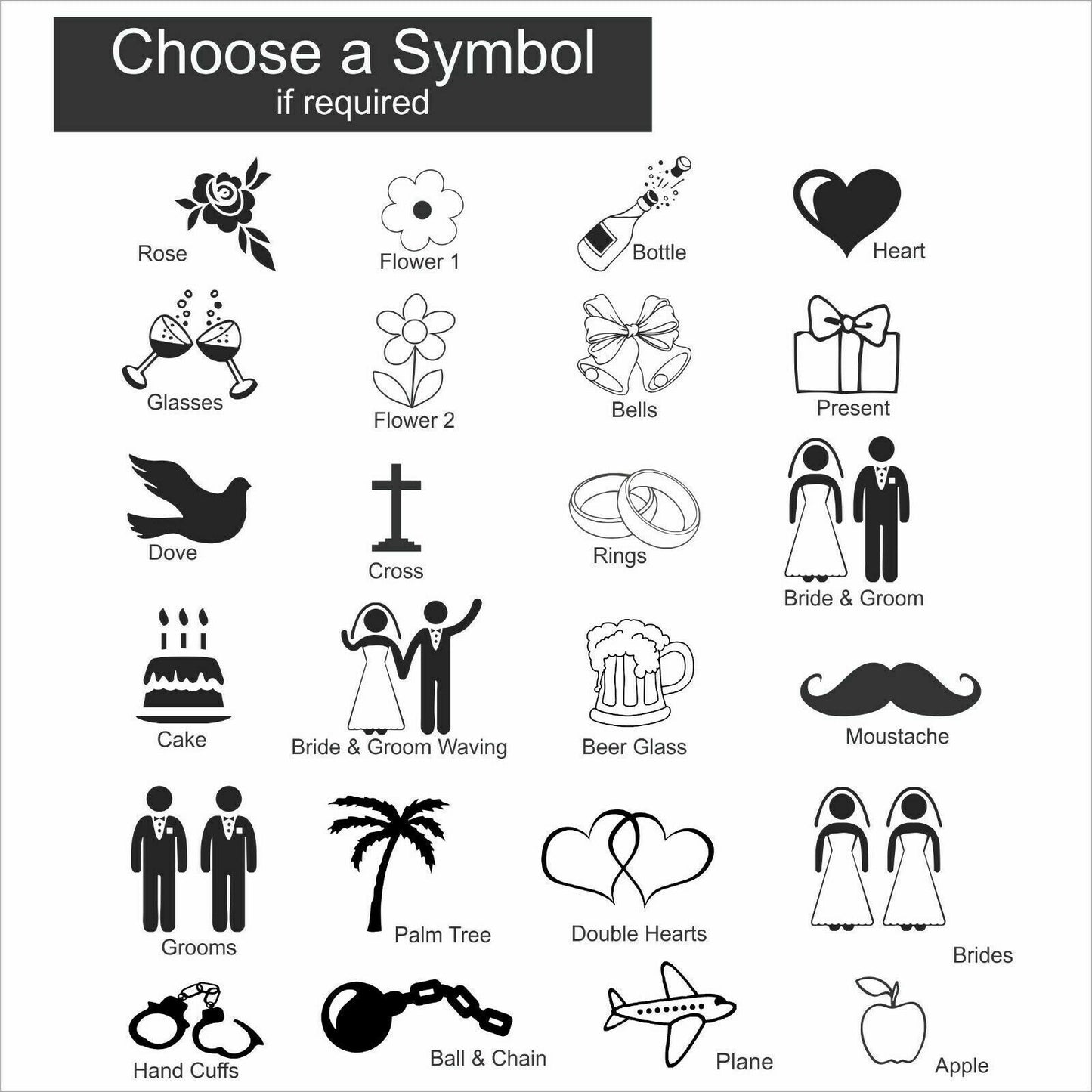 Sample wedding engraving templates with names and dates – romantic icons like hearts, flowers, bows for personalised wedding gifts