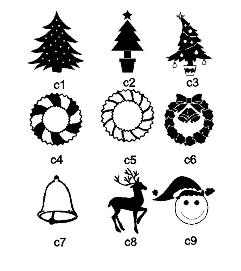 Black and white Christmas-themed icons for engraving – including Christmas trees, wreaths, bells, reindeer, and Santa smiley face