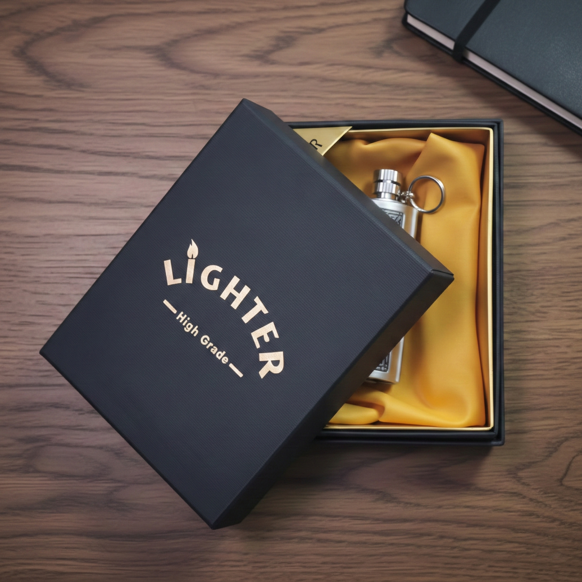 High-grade lighter in an open black gift box 