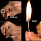 Collage of a keychain lighter being used with text labels 'Pull out', 'Strike', and 'Ignite'.  instruction 