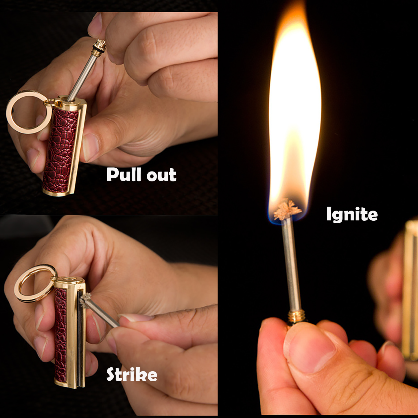 Collage of a keychain lighter being used with text labels 'Pull out', 'Strike', and 'Ignite'.  instruction 