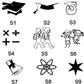 Educational icons for pen engraving – graduation cap, children walking, math symbols, science, and school stars 