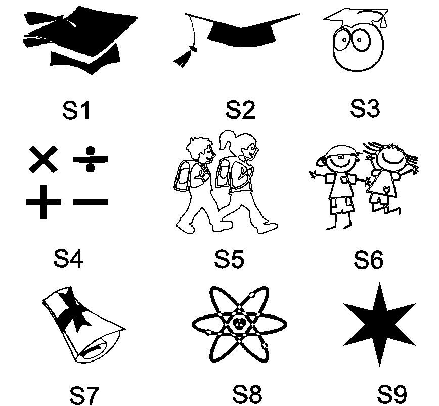 Educational icons for pen engraving – graduation cap, children walking, math symbols, science, and school stars 